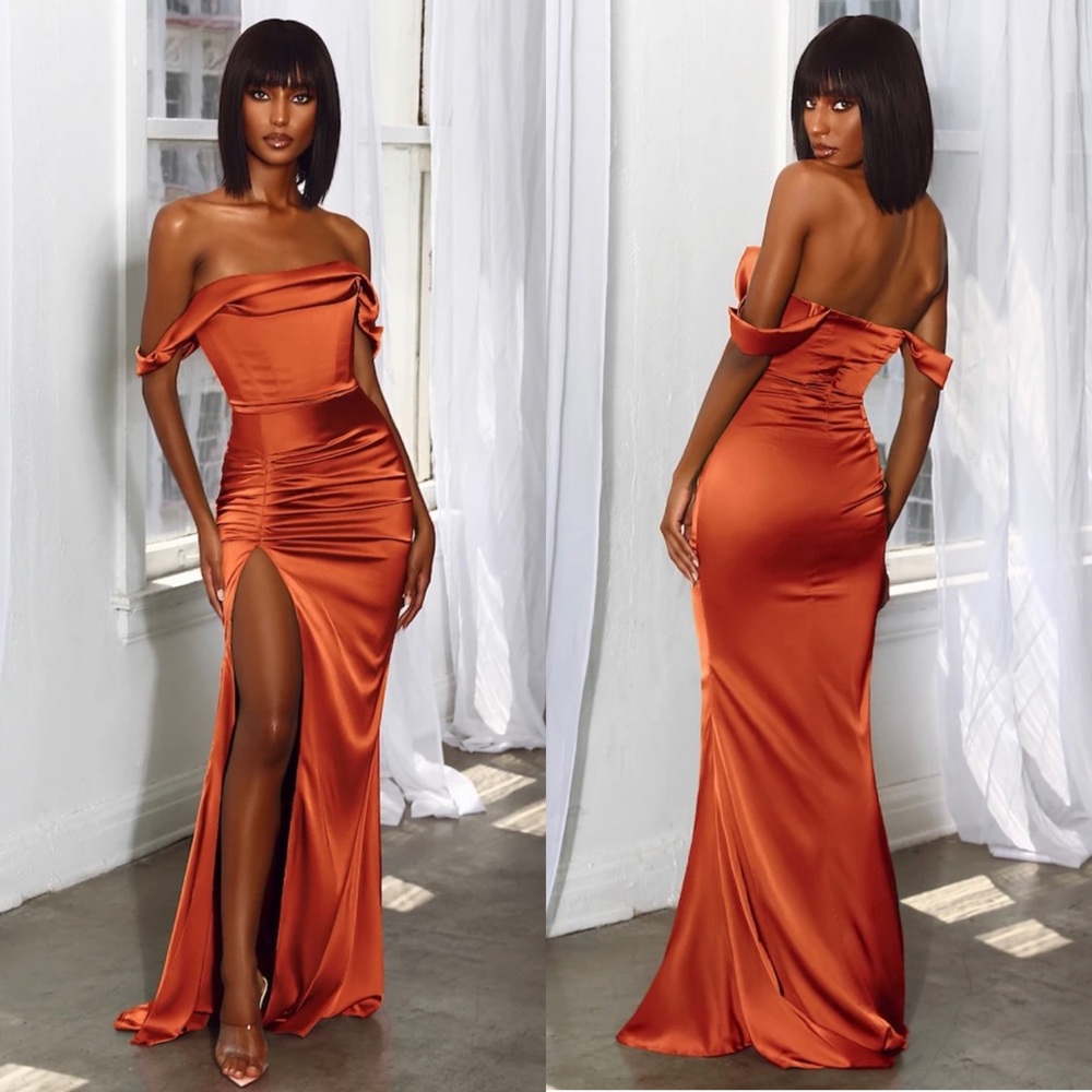 Moda glam boutique Natalia Off-the-Shoulder Gown- Terracotta